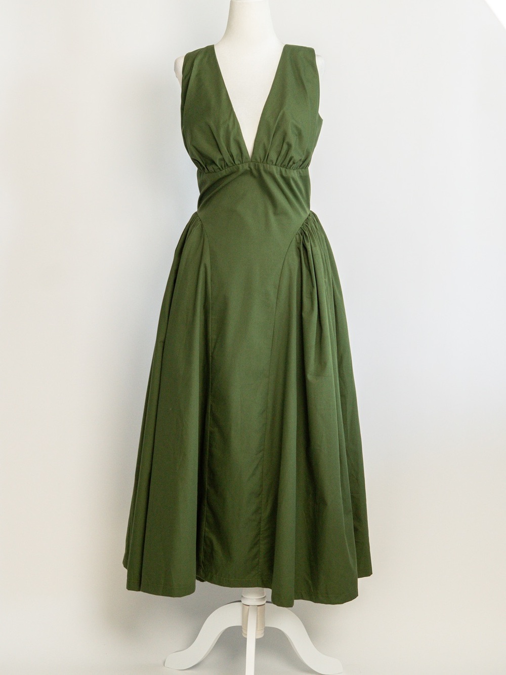 Deep V Olive Green Midi Dress with Gathered Waist